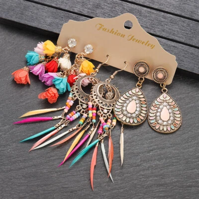 Vintage Feather Earrings Set for Women Boho Gypsy Colorful Tassel 3 Pcs Jewelry - Image 1 of 4