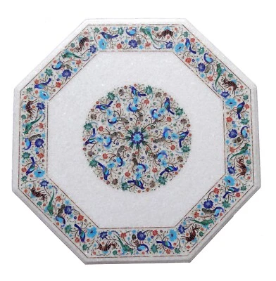 36" White Marble Console Coffee Table Multi Stone Semi Precious Floral Inlay Art - Image 1 of 4