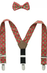 Mud Pie Baby Boy Toddler Suspenders Bow Tie Set Holiday Christmas Tree Red Green - Picture 1 of 5