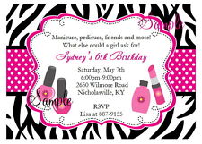 12 Personalized Girls Pink Zebra Spa Party Slumber Birthday Invitations Manicure