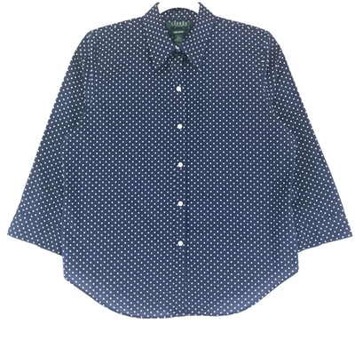 Camisa para mujer Lauren Ralph Lauren L Petite sin hierro azul marino blanco algodón manga 3/4 Foto 1 de 4