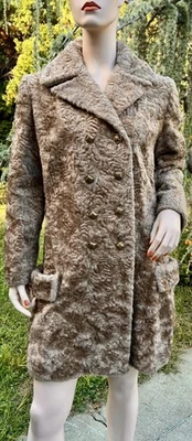 VINTAGE 1970's MOD LIGHT BROWN FAUX FUR PERSIAN LAMB DOUBLE BREASTED COAT - Image 1 of 4