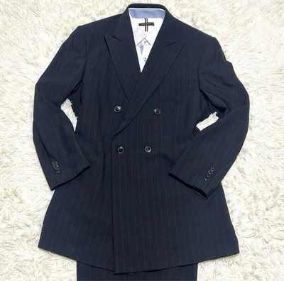 Conjunto de Traje Giorgio Armani Doble Pecho Azul Marino Rayas Lana Mezcla Seda 56 2512TK Foto 1 de 4