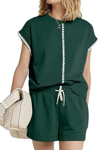 Women's Two Piece Lounge Sets Casual Short Sleeve Pullover Top Matching Shorts,L - Picture 1 of 5
