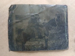 Vintage Tintype Photo 1870 Three People On Horse - Picture 1 of 2