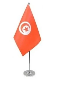 TUNISIA DELUXE SATIN TABLE FLAG 9"X6" CHROME POLE & BASE Stands 15" TUNISIAN - Picture 1 of 3