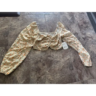 Altar'd State Floral Crop Top Ruched Long Sleeve Blouse Sage Small NWT - Image 1 of 4