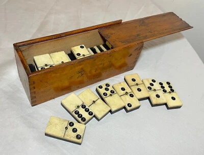 Antique handmade 19th century bone ebony wood dominoes game set dovetailed box - Image 1 of 4