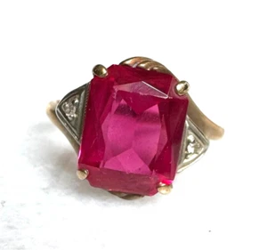 ART DECO YELLOW GOLD LAB-CREATED PINK SAPPHIRE AND DIAMOND RING SIZE 5 - Picture 1 of 9