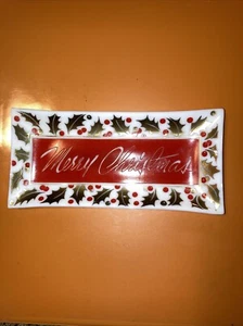 Vintage Mid Century Merry Christmas HOUZE ART weißes Glas Tablett/Frohe Weihnachten Stechpalme - Bild 1 von 5