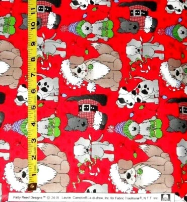 FABRIC - PATTY REED DOGS IN CHRISTMAS OUTFITS - RED 100% COTTON 1.25 YARDS NEW! - Image 1 of 2