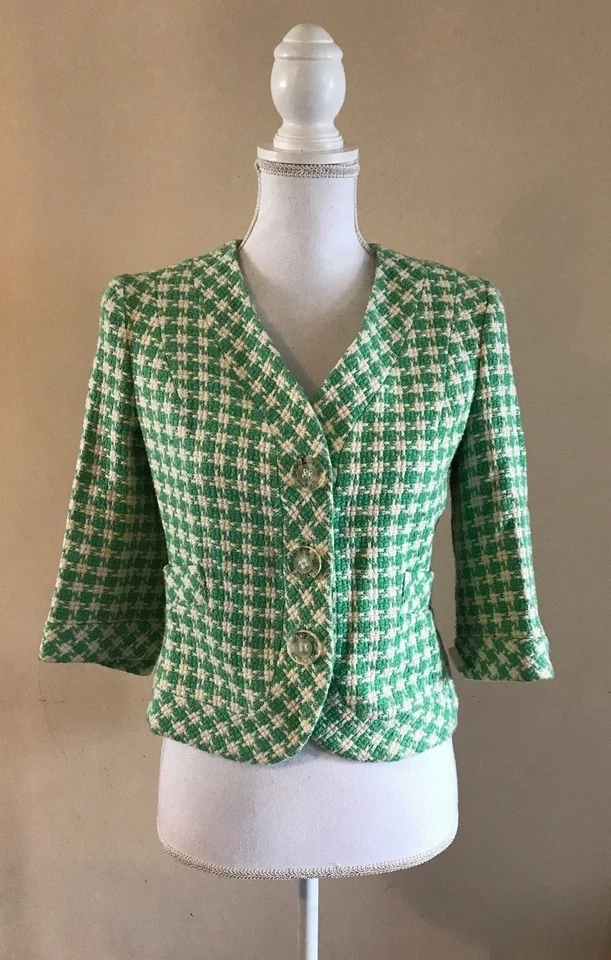 WALTER WALTER BAKER SILK BLEND TWEED LOGO BUTTON BLAZER JACKET~ 4 /SMALL~MINT  - Image 1 of 4