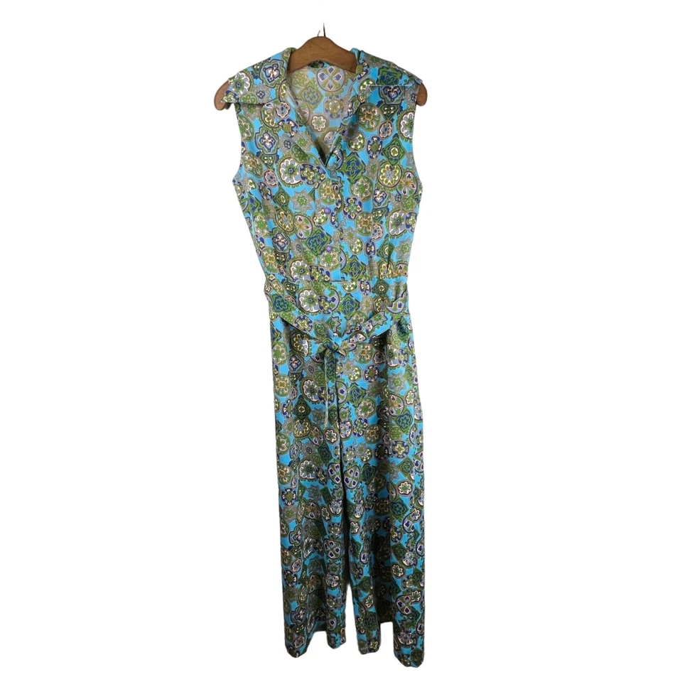 Handmade Vintage 70s Jumpsuit Size Small Floral Medallion Collared Hippie Blue - Image 1 of 4