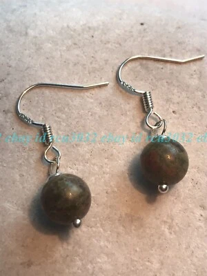10mm Genuine Green Unakite Gemstone Drop Dangle Earrings 925 Silver - Image 1 of 4