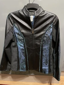 Koos of Course Women Leather Tweed Mix Media Animal Print Blue Jacket Zip XS - Picture 1 of 5