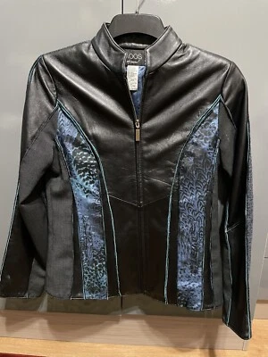 Koos of Course Women Leather Tweed Mix Media Animal Print Blue Jacket Zip XS - Image 1 of 4