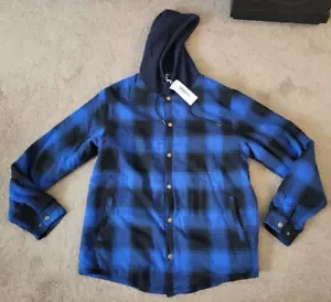 Men's ZENTHACE Sherpa lined Shirt Jacket Plaid Flannel Blue Black Hooded Size L - Picture 1 of 4