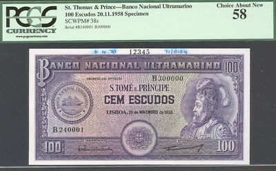 Saint Thomas and Prince, 100 Escudos, 20 November 1958, P38s, SPECIMEN, PCGS 58 - Image 1 of 2