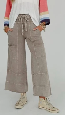 Pantalones para mujer Easel pierna ancha borde crudo tostado rizo lavado talla pequeña Foto 1 de 4