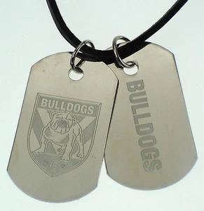 CANTERBURY BULLDOGS NRL LOGO MENS DOUBLE DOG TAG S/S LEATHER NECKLACE JEWELLERY - Foto 1 di 1