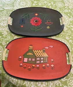 2 RETRO Fiberboard Trays w/Flowers & House Wrapped Handles~ Orange  & Green - Picture 1 of 5
