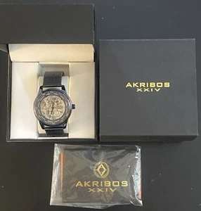 Akribos XXIV Men’s 40mm Watch Skeleton Dial Blue Ion Stainless Steel Case Mesh - Picture 1 of 10