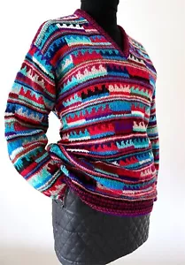 Size Large Vintage Hand Knitted Kaffe Fassett Fair Isle Art Wear V Neck Jumper - Picture 1 of 23