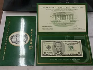 Low Numbered 1999 Uncirculated $5 Deluxe Note in BEP Folder BL 00002518 A - Picture 1 of 8