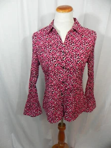 EAST 5TH Mujer L Pequeña BLUSA MICRO PLIEGUE Rojo Rosa Blanco Orbes Mangas de Campana - Imagen 1 de 8