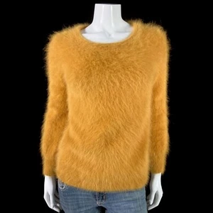 80% Angora Fuzzy Vintage Gold Long-Sleeve Pullover Sweater 32 in bust - Picture 1 of 10
