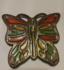 Vintage Stained Glass Butterfly Trivet 6” Made In Taiwan. Green/yellow/orange
