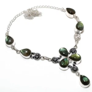 Labradorite Gemstone Handmade 925 Sterling Silver Jewelry Necklace Size 18" - Picture 1 of 1