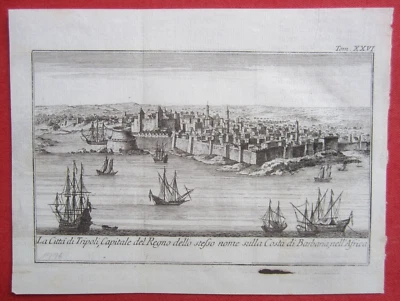 Orig. Kupferstich Tripolis Libyen Port Küste Schiffe Panorama Nordafrika um 1776 - Bild 1 von 4
