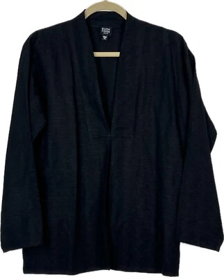 EILEEN FISHER Blazer petite S Silk Linen Textured Open Front Long Sleeve Black - Image 1 of 4