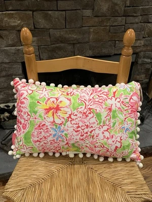 Lilly Pulitzer Indoor/Outdoor Pillow PINK/Green Floral W/Pom Poms 20”x 12” NWT  - Image 1 of 4