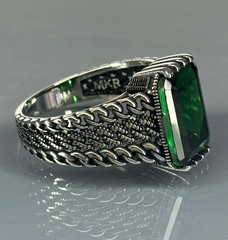 Handmade 925 Sterling Silver Emerald Men's Ring - Chain Turkish Design - Image 1 of 3