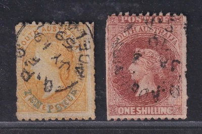 South Australia Scott 34-35 Usado 1868 10d & 1/- Perf 111/2x Roleta SCV $63.50 - Imagem 1 de 2