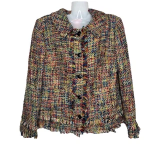 OSCAR DE LA RENTA Tweed Multi-color Fringe Jacket Size 8 Blazer Boho Jacket - Picture 1 of 13