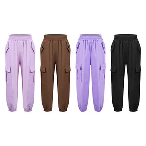 Girls Cargo Fitness Trousers Solid Color Pants Elastic Waistband Sweatpants - Picture 1 of 59