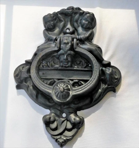 VINTAGE BLACK CAST IRON DOOR KNOCKER w CHERUB ANGELS & GREEK GOD 10" Tall Cover