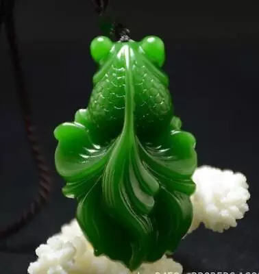 Green Jade Handmade Fengshui Fish Goldfish Wealth Pendant Necklace Amulet Gift • 6.73$