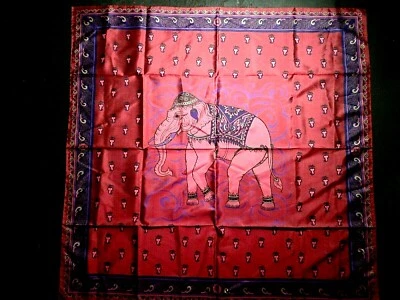 Indian Elephant Scarf Tapestry Red Purple Asian 34 Inches Square - Image 1 of 4
