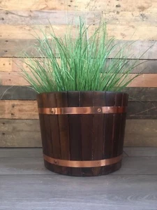 VINTAGE COOPERED OAK & COPPER BARREL PLANTER PLANT POT JARDINIERE LOG STORAGE - Picture 1 of 12