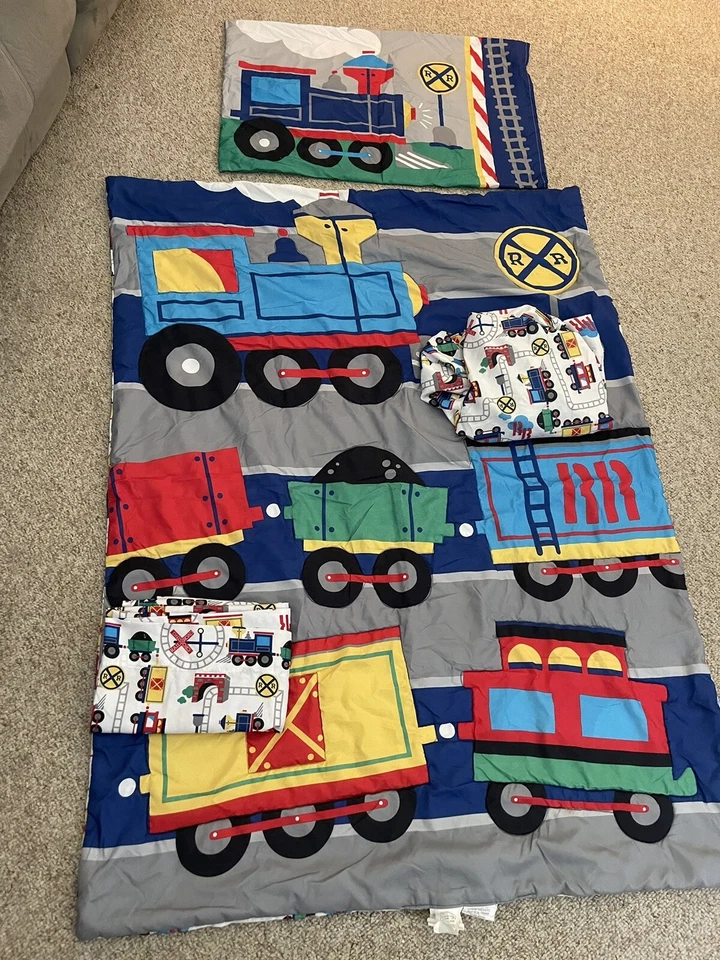 Juego de 4 cunas de tren ferrocarril colcha ajustable y sábana plana almohada falsa Foto 1 de 4