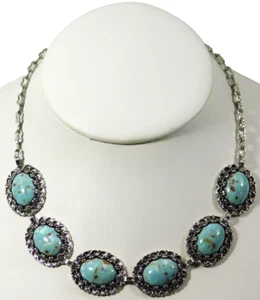 Vintage Turquoise Speckled Glass Cabochon Silver Tone Link Choker Necklace - Picture 1 of 8