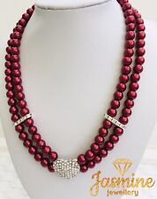Beautiful Red Faux Glass Pearl 2 Strand Necklace Central Rhinestone Heart,Bridal