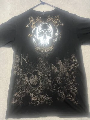VTG Y2K Brad Butter Men’s 2XL  AOP Shirt Black Affliction Style Skull Cross - Image 1 of 4