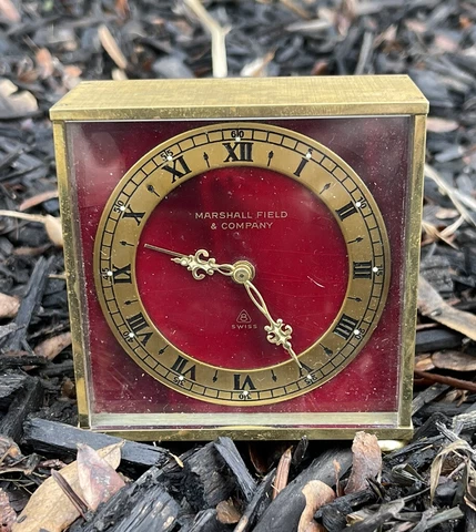 AMAZING RED DIAL Marshall Field & Company 8 day  Swiss desk alarm clock. VINTAGE Cover