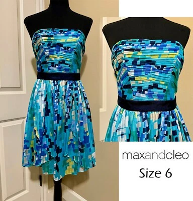 NWT Max and Cleo Women Blue Multi Strapless Pleats Top Mini Dress  Size 6 - Image 1 of 4