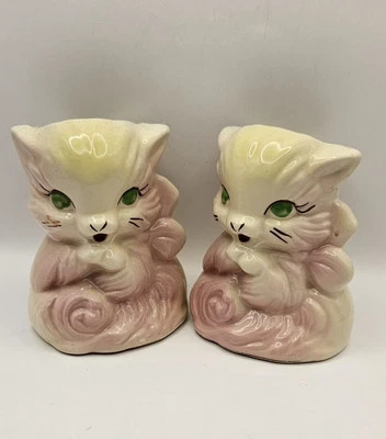 Vintage Shawnee Pottery Cat Head Planters Pink Green Pair 1950's  - Image 1 of 4